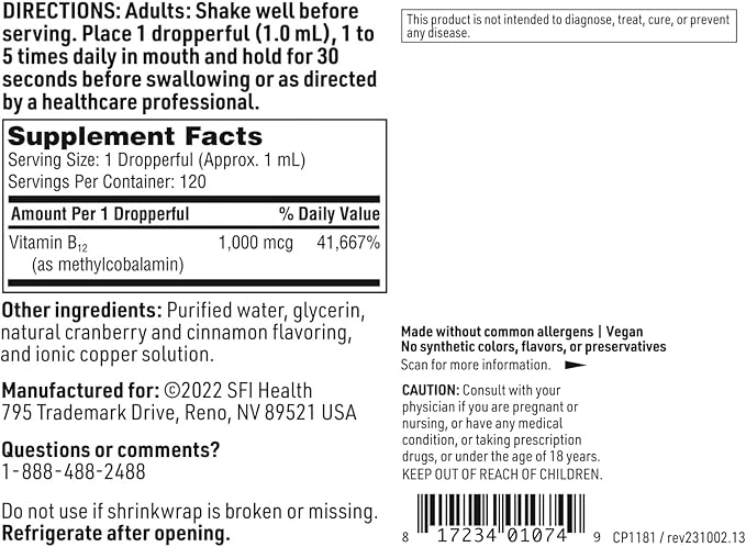 Klaire Labs Vitamin B12 Liquid - Methylcobalamin B12 Drops - Formulated for Superior Absorption - Support Healthy Cognition &amp Efficient Nutrient Delivery - Vegan (120 Servings 4 Fl Oz)