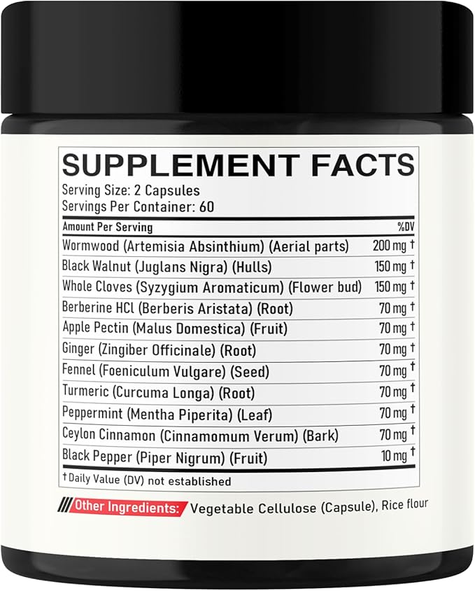 Wormwood Supplement - 120 Capsules Extracted from Black Walnut Cloves Turmeric Apple Berberine HCl &amp More - 11 Ingredients Combined for Immune System - 2-Month Supply