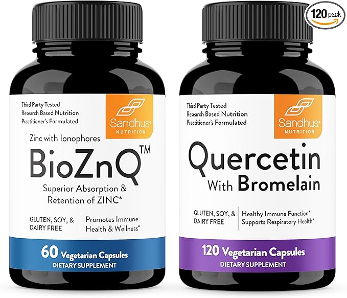 Sandhu's Zinc Supplement with Ionophores with Superior Absorption &amp Quercetin with Bromelain 1000mg Per Serving Bioflavonoids Supplement Complex| Supports Immune &amp Respiratory Health