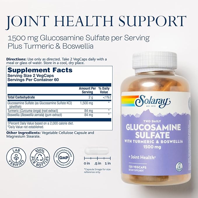 SOLARAY Glucosamine Sulfate 1500mg Healthy Joint Support Supplement Powerful Connective Tissue and Joint Health Formula with Turmeric &amp Boswellia 60-Day Money Back Guarantee 60 Serv 120 VegCa