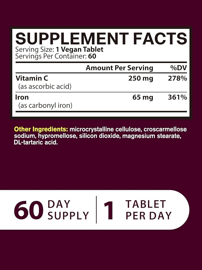 Iron Supplement for Women Men High Potency Iron 65mg with Vitamin C &amp 9-in-1 65mg Ferrous Bisglycinate Chelate with Vitamin A C E B6 B12 Folate