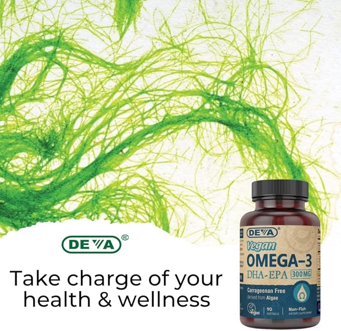 DEVA Vegan DHA-EPA Nutritional Supplement Non-Fish Derived from Algae 300 mg Potency 90 Vegetarian Softgels - Pack of 2