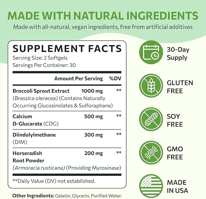 Sulforaphane Supplement from Broccoli Sprouts DIM and CDG Triple Blend Natural Enzyme Myrosinase for High Sulforaphane Broccoli Supplement for Detox Antioxidant and Balance 120 Vegan Softgels