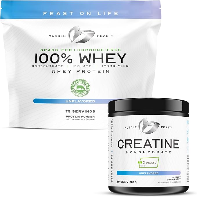 Muscle Feast 100% Whey + Creatine Bundle: (1) 100% Whey Protein (Unflavored 5lb) + (1) Creatine Powder (Unflavored 300g)