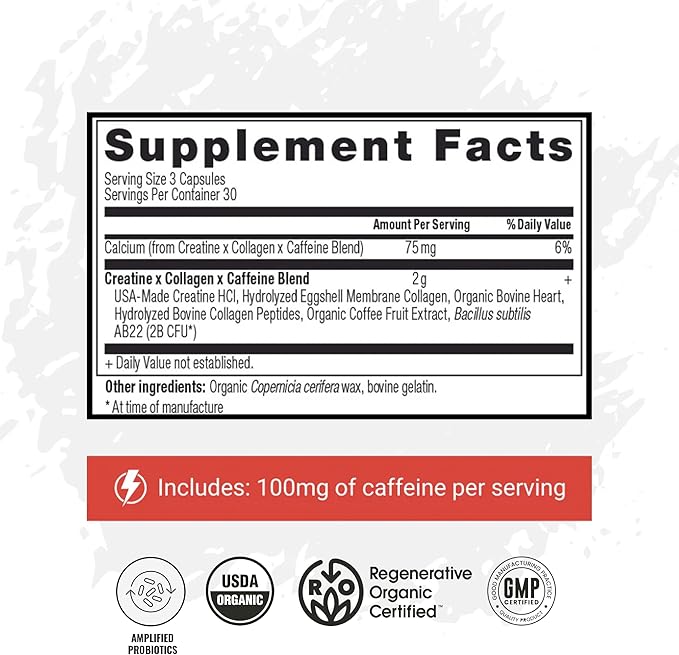 Creatine x Collagen x Caffeine Capsules HCl Creatine Workout Supplement with 100 mg Plant Based Caffeine from Coffee Berry Gluten Free Non GMO 90 Capsules