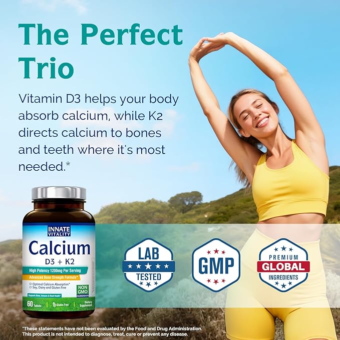 Innate Vitality Calcium 1200mg with D3 &amp K2 + Magnesium Glycinate 500mg Bundle | High Absorption Mineral Complex for Bone Density Circulatory Wellness &amp Nerve Function | Non-GMO Vegan Friend