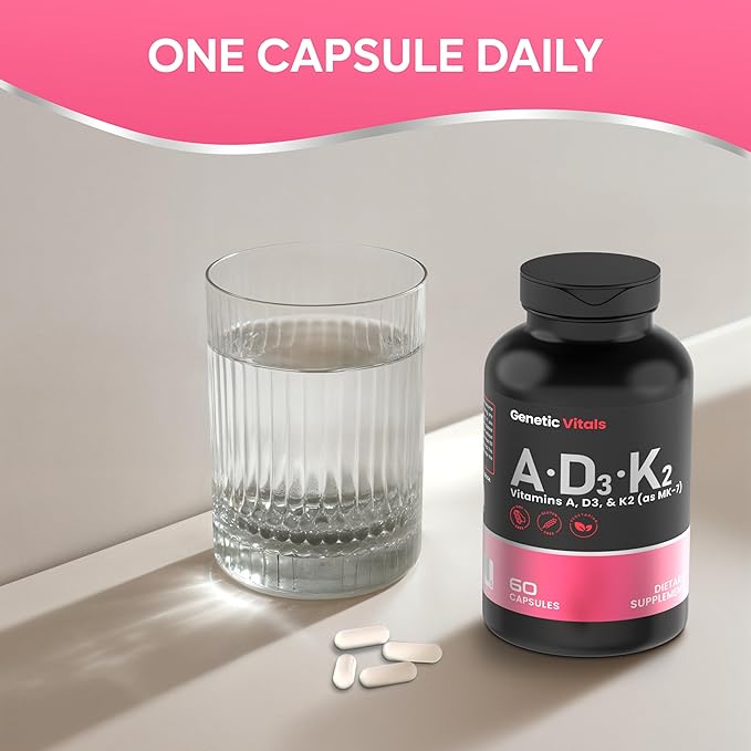 ADK - Dietary Supplement with Vitamins A D3 &amp K2 (MK-7) – Supports Bone Strength Heart &amp Immune Health – Vegetarian Gluten-Free – 60 Capsules