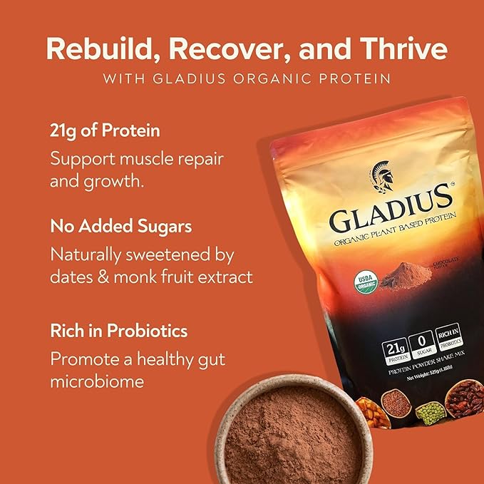 GLADIUS Organic Plant Based Protein Powder | Chocolate | 15 Servings | 21g of Protein | Plant Based | No Sugars Added | Rich in Probiotics
