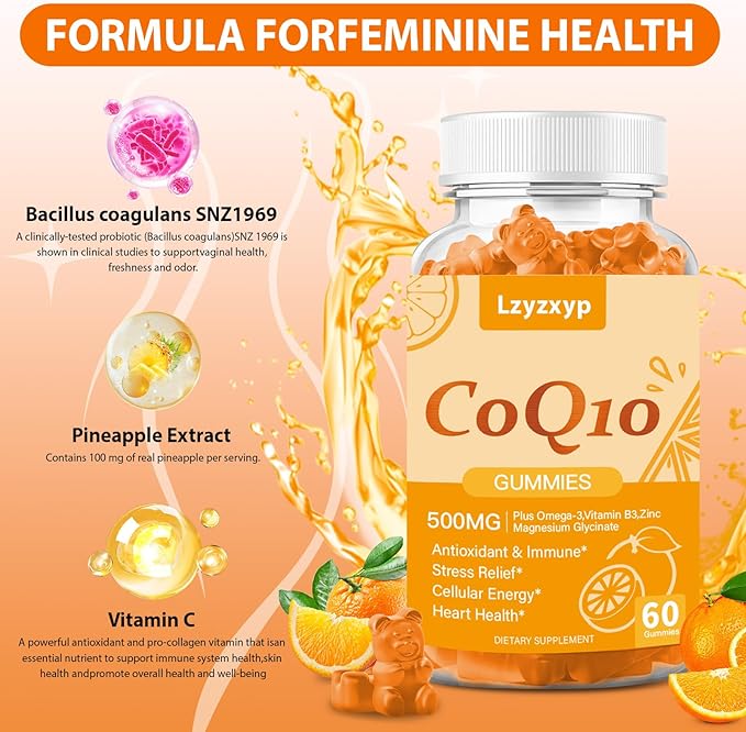 CoQ10 Oranges Gummies 500mg-3X Better Absorption Coenzyme Q10 Supplements - Plus Omega-3 Magnesium Vitamin B3 &amp Zinc for Heart Health Cellular Energy &amp Antioxidant Vegan Non-GMO 120 Ct (2