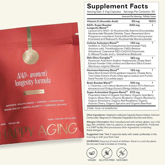 Happy Aging NAD+ Supplement for Women | NAD Booster with NMN NMNH NR Resveratrol CoQ10 &amp Urolithin A – Supports Energy Focus Skin Glow &amp Daily Vitality 30-Day Supply