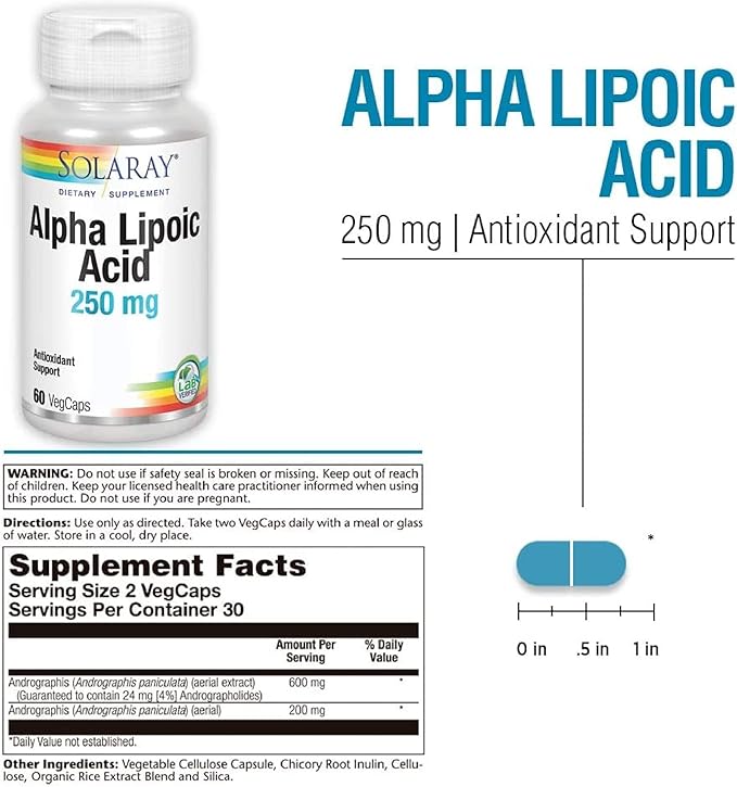 SOLARAY Alpha Lipoic Acid 250 mg - 60 VegCaps - Healthy Antioxidant Activity &amp Energy Support - Non-GMO &amp Vegan