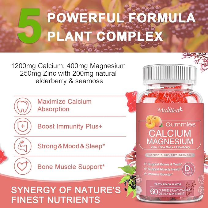 Plan Calcium Gummies with D3Zinc - Plant Complex Calcium Magnesium Supplement with GlycinatePotassiumVitamin C &ampWhole Natural Food for Bone &amp Immune Support- 120 Chewable Gummy Sugar-Free