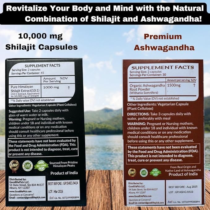 Himalayan Shilajit Capsule &amp Ashwagandha Capsules Pack of 2. 90+90 ct Gold Standard Premium Quality for Max Benefits. All Natural Non GMO No Rice Powder No Filler No Silicon Dioxide No Stearate