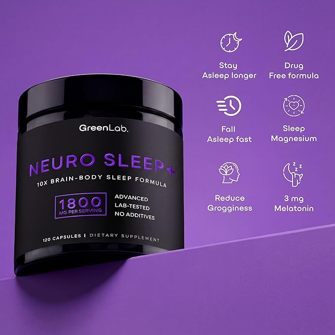 Green Lab® Neuro Sleep+ 10x Neuro-Body Sleep Aid Formula with GABA L-Theanine Ashwagandha Melatonin and Magnesium | Sleep Supplement for Relaxation and Night Recovery - 120 Capsules
