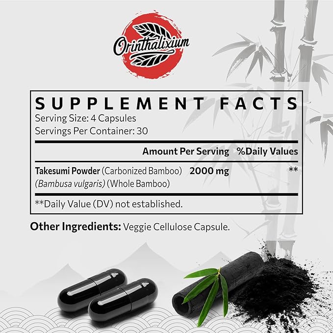 Takesumi Bamboo Charcoal 2000mg – Activated Charcoal from Bamboo for Max Absorption Detox &amp Gut 120 Vegan Capsules（2 Bottle）
