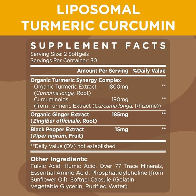 Liposomal Turmeric Curcumin Supplement 2200 mg with Black Pepper Extract 15 mg for High Absorption and Joint Function 60 Softgels for Adults