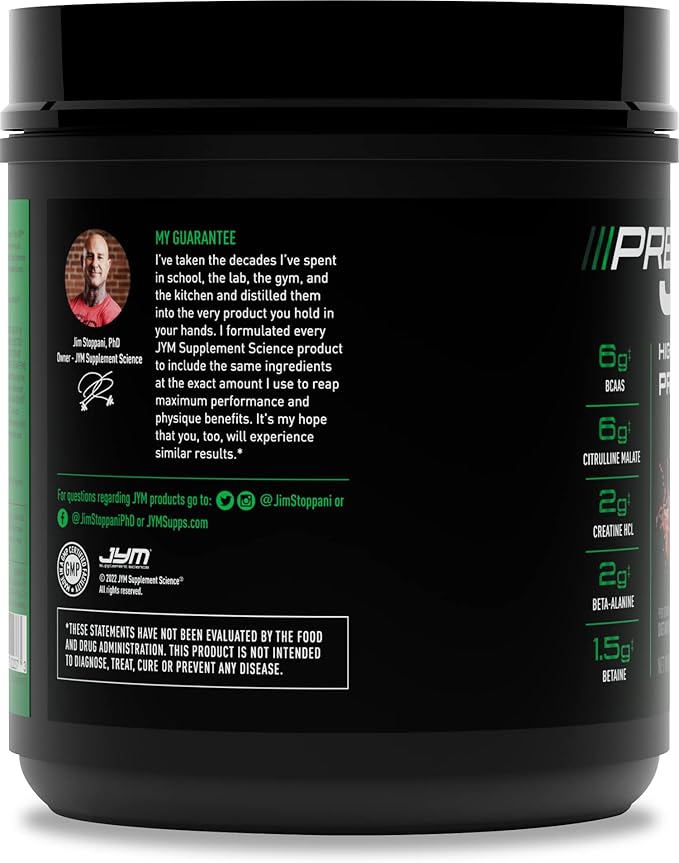 JYM Supplement Science Pre JYM Black Cherry Pre Workout Powder for Men &amp Women BCAAs Nootropics Creatine HCI Citrulline Beta-Alanine Betaine Taurine Huperzine 30 Servings