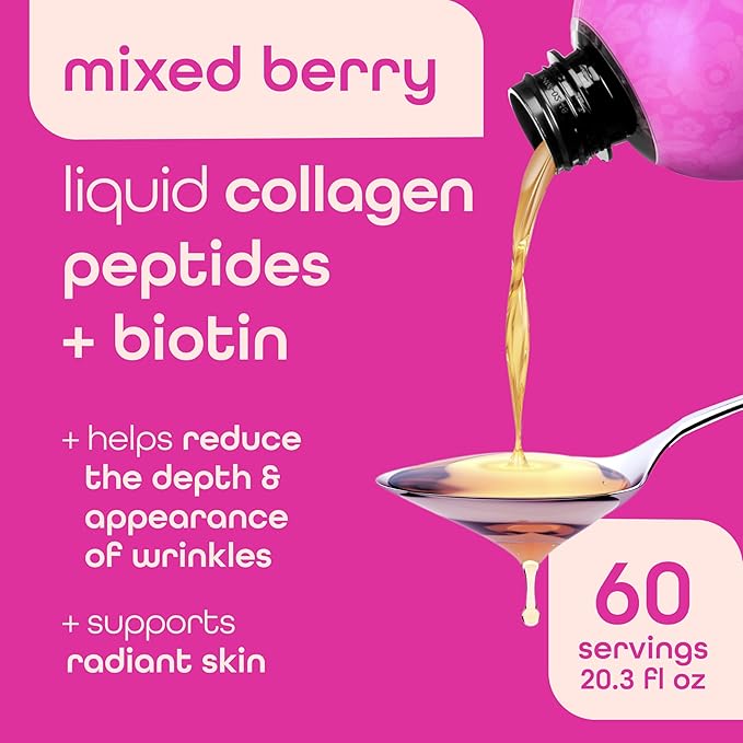 Zena Nutrition Liquid Collagen for Women &amp Men (Type 1 &amp 3) &amp 5000mcg Biotin 2500mg Verisol Bioactive Collagen Peptides Hair Skin Nail Supplement Mixed Berry Colageno 60 Servings 20