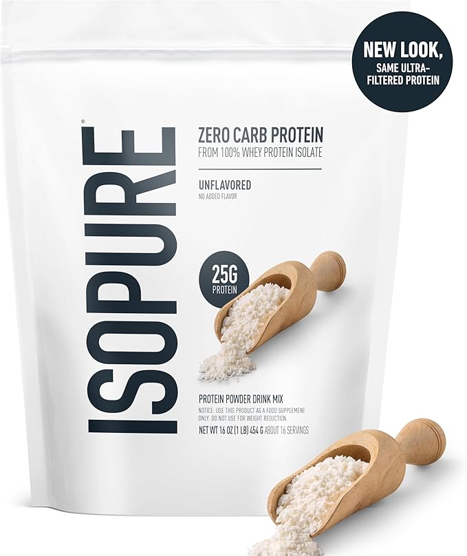 Isopure Zero Carb 100% Pure Whey Isolate Protein Powder Gluten Free with Vitamins Unflavored 25g Protein Per Serving 1 Lb 16 Servings (Packaging May Vary)