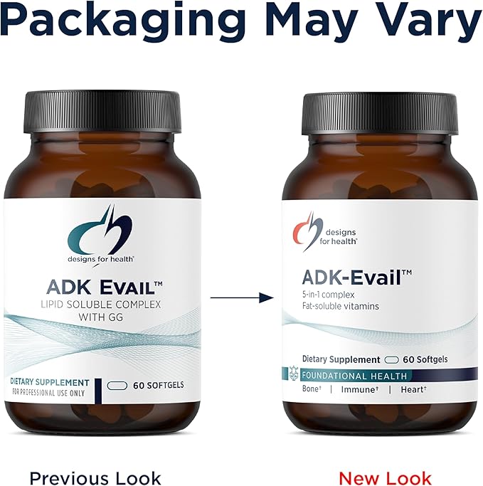 Designs for Health ADK Evail - 5000 IU VIT D3 with Vitamins A E (Annatto Gamma Delta Tocotrienols) K (K1 + K2) - Fat Soluble Vitamin D Complex - Bone + Immune Support - Non-GMO (60 Softgels)