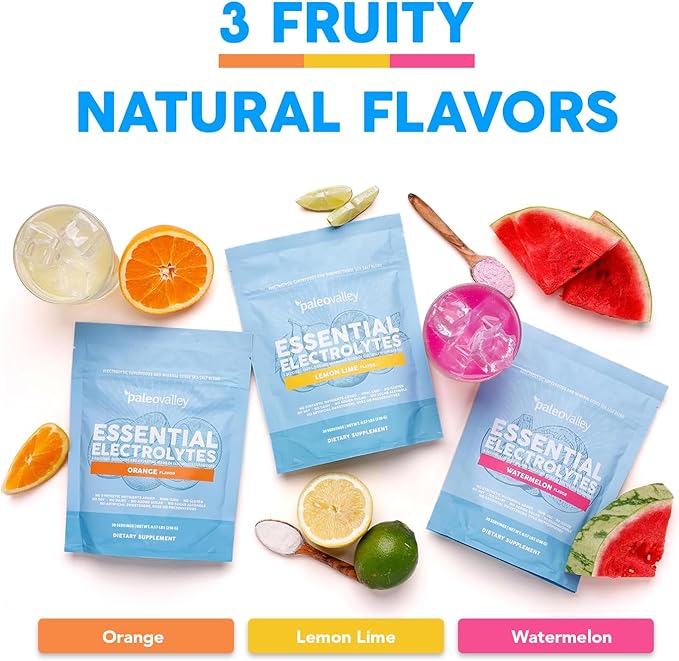 Paleovalley Essential Electrolytes Powder - Full Spectrum Watermelon Electrolyte Powder for Hydration Energy and Muscle Recovery - No Sugar Added - 30 Servings