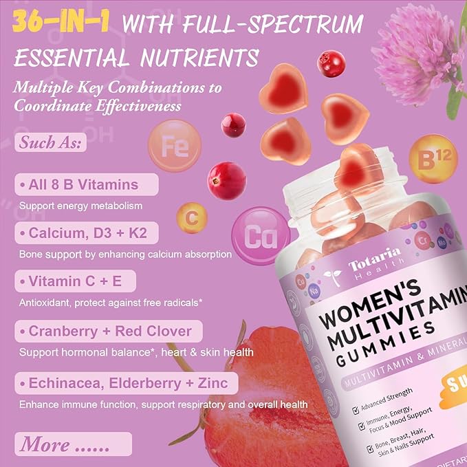 Totaria Sugar Free Multivitamin Gummies for Women 14+ w/Iron Inositol Folate Biotin Womens Daily Multivitamin Gummy w/Vitamin A C B D3 K2 for Hair Skin Energy Immune Strawberry Flavor