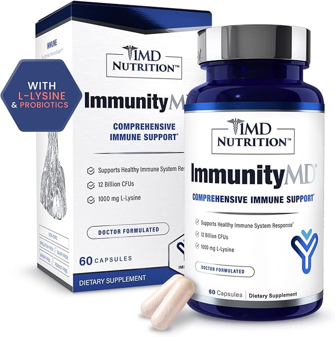 1MD Nutrition ImmunityMD - Immune Health Probiotic | Potent Doctor-Selected Probiotic Strains with Prebiotic - Promote Overall Immune System Strength Reduce Everyday Stress | 60 Capsules