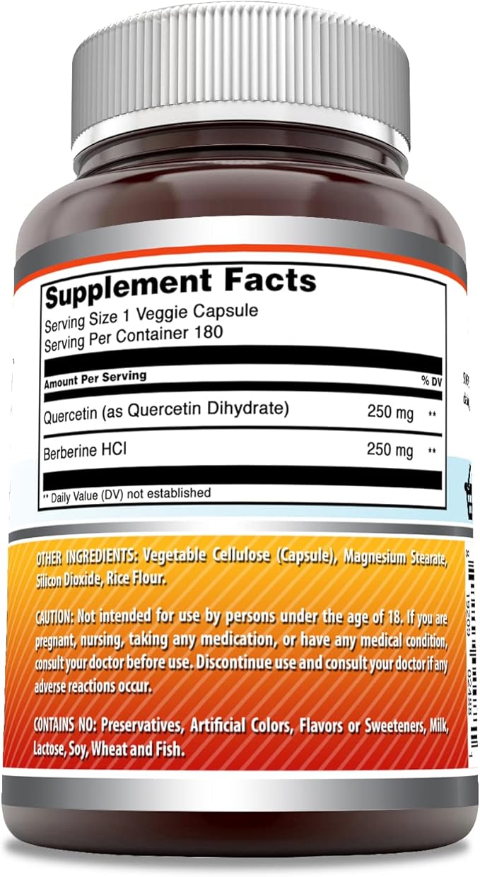 Amazing Formulas Quercetin Berberine - 250mg Berberine and 250mg Quercetin 180 Veggie Capsules Supplement | Non-GMO | Gluten Free | Made in USA | Ideal for Vegetarians
