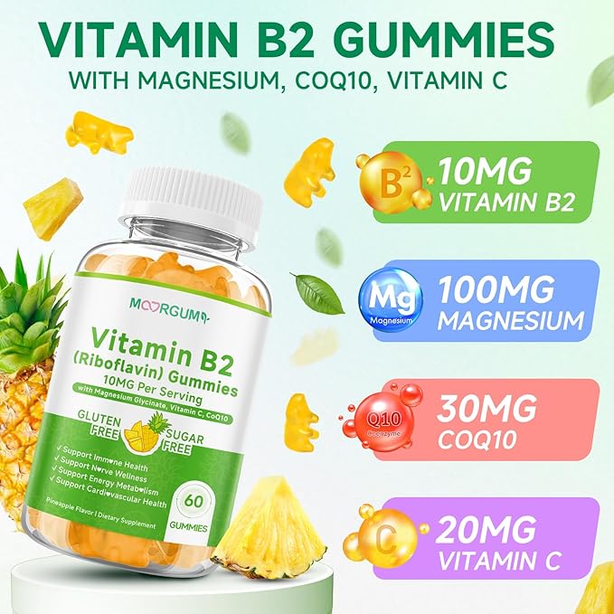 Vitamin B2 Gummies Riboflavin Supplement for Kids &amp Adults with Magnesium Glycinate CoQ10 and Vitamina C for Women and Men Energy Immune Wellness &amp Cellular Health Support 120 Count