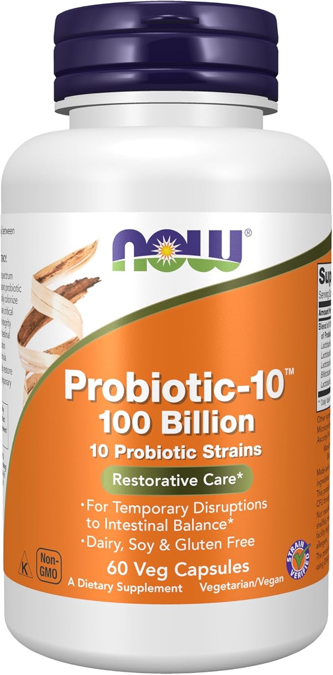 NOW Foods Supplements Probiotic-10™ 100 Billion with 10 Probiotic StrainsDairy Soy and Gluten Free Strain Verified 60 Veg Capsules