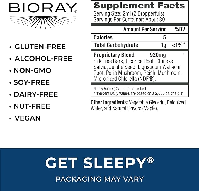 BIORAY Daily Get Sleepy - 2 fl oz - Relaxation &amp Rest Support - With Medicinal Mushrooms &amp Micronized Chlorella - Non-GMO Vegan Gluten Free - Approx. 30 Servings