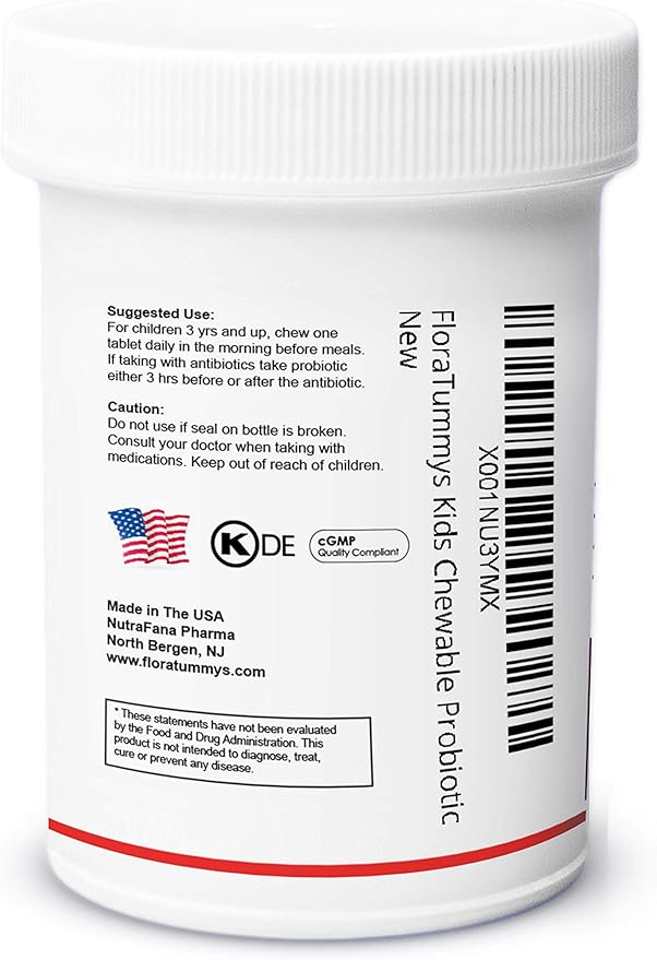 FloraTummys Kids Chewable Probiotic Prebiotics: Non-Dairy Gluten &amp Sugar-Free Peanut &amp Soy Free Non-GMO Tested &amp Free of Food Allergens Vegan Kosher Berry Flavor(1 Bottle)