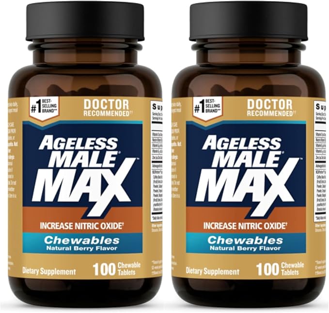 Ageless Male Max Chewable Nitric Oxide Booster Supplement for Men – High Potency Ashwagandha Extract to Boost Workouts Muscle &amp Performance Reduce Stress Support Sleep - 200 Count