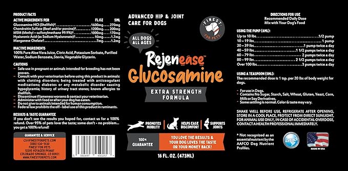Liquid Glucosamine for Dogs with Chondroitin MSM &amp Hyaluronic Acid (16oz). Hip &amp Joint Supplement Supports Better Mobility &amp Promotes New Cartilage. Eases Joint Stiffness. Rejenease Made