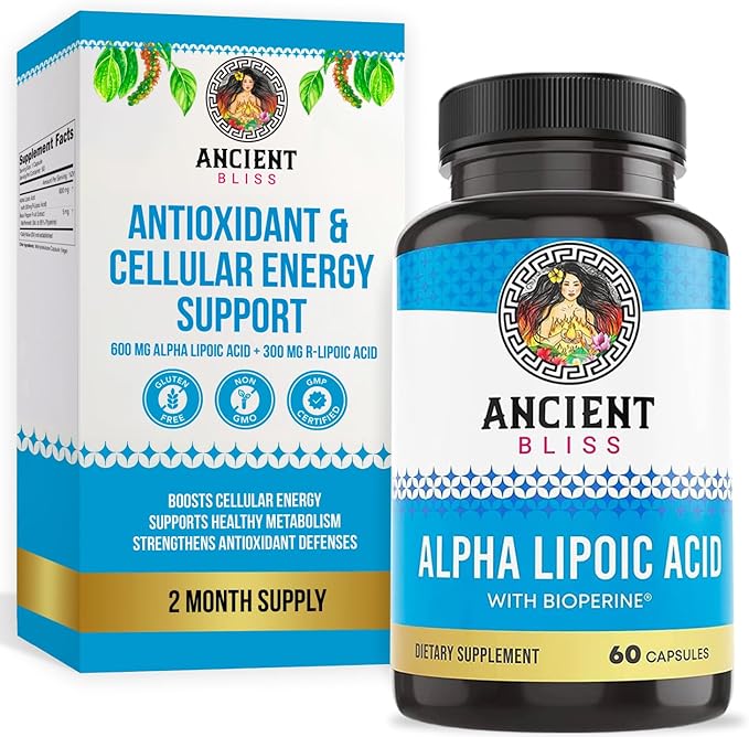 Ancient Bliss Alpha Lipoic Acid Supplement Antioxidant and Energy Support ALA Supplement with Bioperine No Gluten and Soy 600mg per Serving 60 Vegan Capsules
