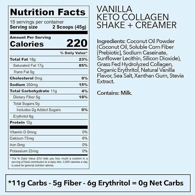 Keto Collagen Shake (Vanilla) - with Coconut Oil Prebiotics Grass Fed Hydrolyzed Collagen Peptides Type I &amp III Low Carb Gluten Free1.78lbs.