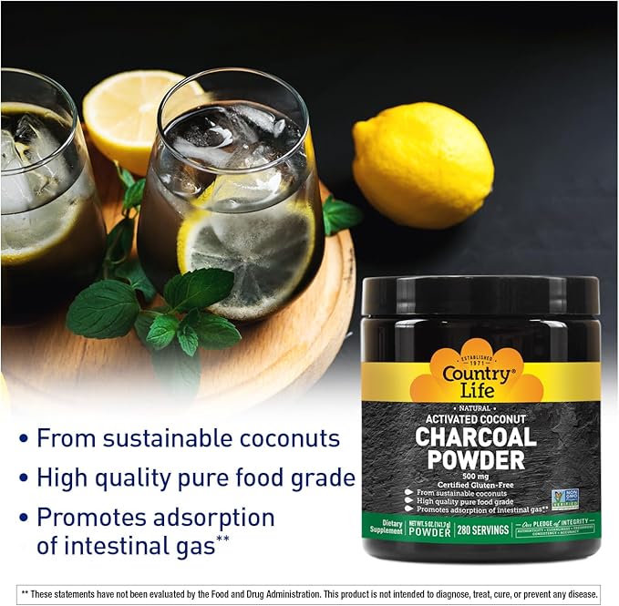 Country Life Activated Coconut Charcoal Powder 500mg – Natural Activated Charcoal for Digestive Health Gas &amp Bloating Relief DIY Uses - Non-GMO Gluten-Free Vegan 5oz Powder