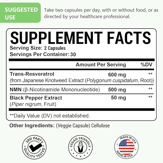 99% Ultra Purity NMN 500mg + Trans-Resveratrol 600mg 1150mg NMN Resveratrol Supplement 3-in-1 Advanced Formula for Boost* NAD Cell Immune Energy &amp Muscle Healthy Aging Stabilized Form - 60