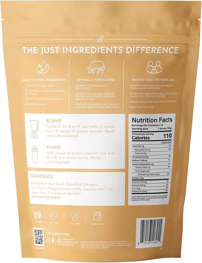 Bone Broth Protein Powder – French Vanilla | 15 Servings | 21 g Grass-Fed Protein per Serving | Dairy-Free | Collagen for Gut Skin &amp Joint Support | Made with Real Food Ingredients