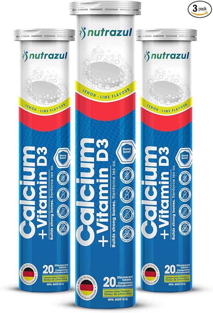 Nutrazul Calcium + Vitamin D3 Effervescent Tablets for Bone Health Maintenance 500 mg Calcium and 2.5 mcg Vitamin D3 Suitable Supplements for Women &amp Men Lemon-Lime Flavor 60 Tablets