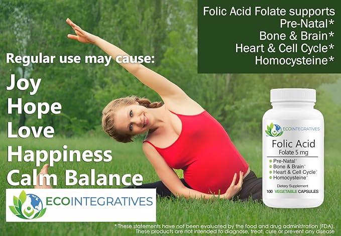 Folic Acid Folate 5mg (B9) Prenatal Reproductive Health Homocysteine Metabolism Cardiovascular Bone Immune Support Allergen Free Non GMO - 100 Vegan Capsules