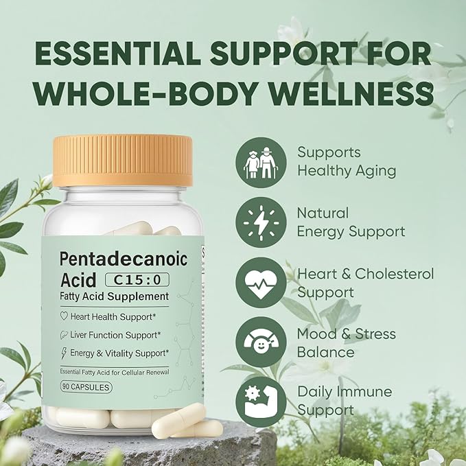 Pentadecanoic Acid C15:0 Fatty Acid Supplement - 3X Omega 3 Fish Oil Healthy Aging Supplement for Gut Health Liver Support 90 Vegan Capsules