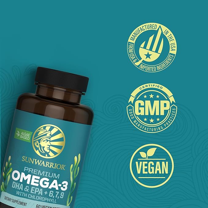 Sunwarrior Vegan Omega 3 DHA &amp EPA Supplement Algal Oil Preferred Alternative to Fish Oil Supports Brain Eye Joint &amp Heart Health (60 Count)