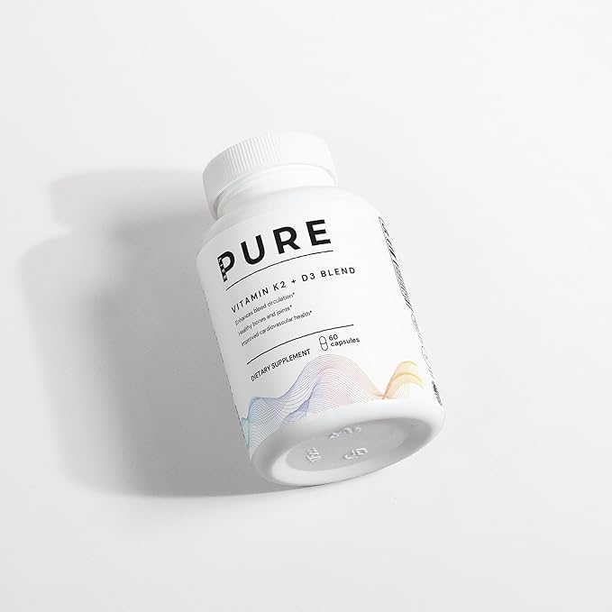 PURE LIFE Vitamin K2 D3 Supplement – 60 Capsules – Pure Vitamin D3 + K2 with Calcium &amp BioPerine – Supports Bone and Joints Improved Cardiovascular Health – Best D3 and K2 Supplement – USA Made