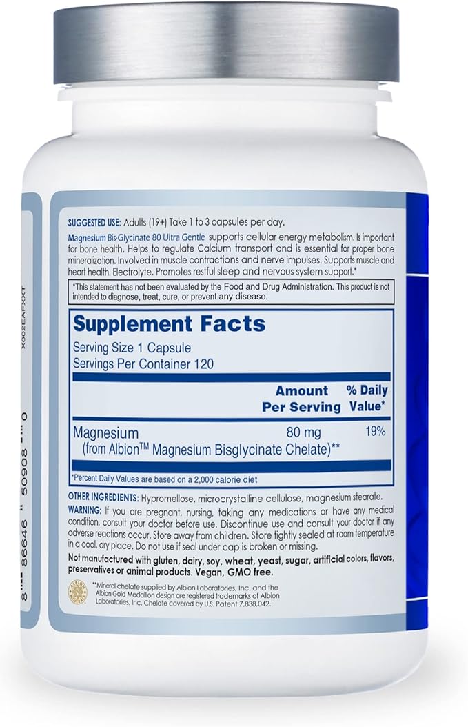 CanPrev Magnesium Biglycinate Chelated 80mg Ultra Gentle 120 V-Caps 120-Day Supply - Support Muscle Function Bone Strength &amp Relaxation Pure Magnesium Bisglycinate Formula Promote Comfort &amp