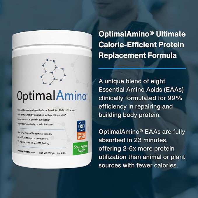 OptimalAmino Amino Acid Powder | 99% Utilized Essential Amino Acid (EAA) Supplement | Pre/Post Workout &amp Muscle Recovery | NSF for Sport Certified | Sour Green Apple Flavor