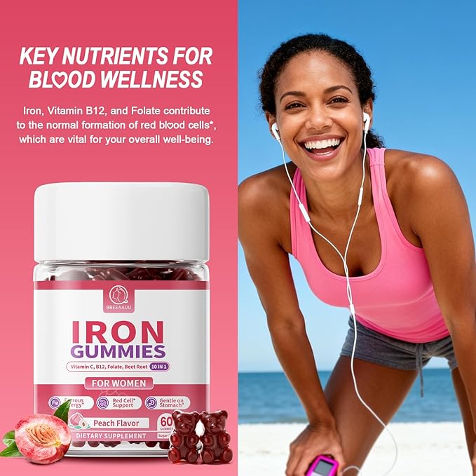 Iron Gummies for Women - Heme Iron for Max Absorption &amp Gentle on Stomach 10-in-1 with Vitamin C B12 Folate Supports Energy Focus &amp Red Blood* Cell* Wellness Peach Flavor 60 Counts (2 P