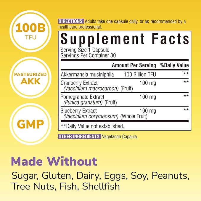 Akkermansia Probiotics 100 Billion TFU Pasteurized Akkermansia Muciniphila w/Cranberry Blueberry &amp Pomegranate Digestive &amp Immune Health Leaky Gut GLP-1 Supplement 30 Vegan Capsules