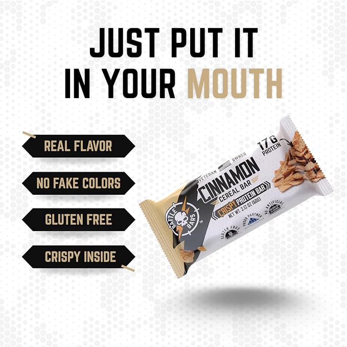 Battle Bars Crispy Protein Bar 17g Protein per serving - Gluten Free No Artificial Flavors or Colors - Veteran Founded - Cinnamon Cereal (60g) 12 Count