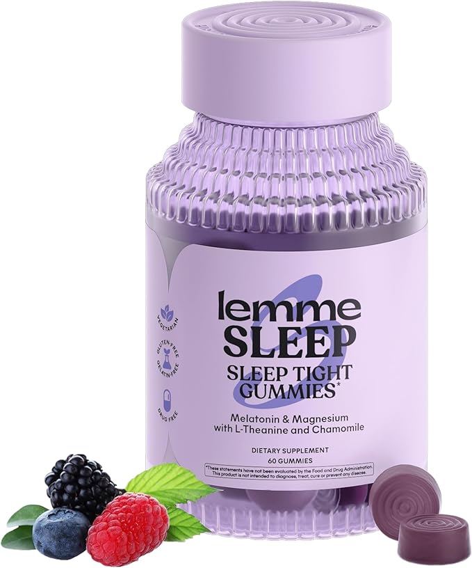 Lemme Sleep Gummies with 5mg Melatonin Elderberry Magnesium L-Theanine Chamomile and Lavender Drug-Free Nighttime Sleep Aid Gluten Free Gelatin Free Non GMO Berry Flavored (60 Count)